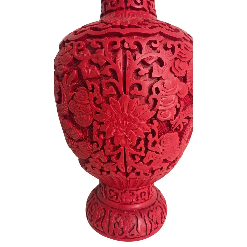 Vintage Chinese Cinnabar Red Carved Resin Vase Dragon Phoenix Oriental Decor